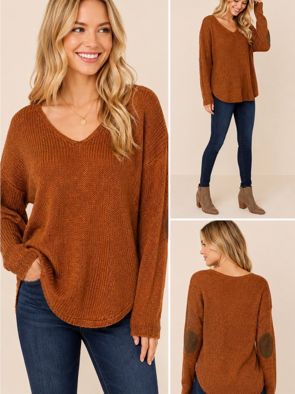 NWT Harper Francesca’s Rust Elbow Patch Hi-Low Sweater S
